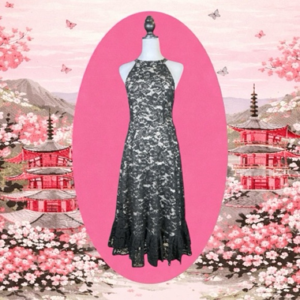 ModCloth Black Floral Lace Ruffled Hem Halter Fit & Flare Cocktail Midi Dress 14